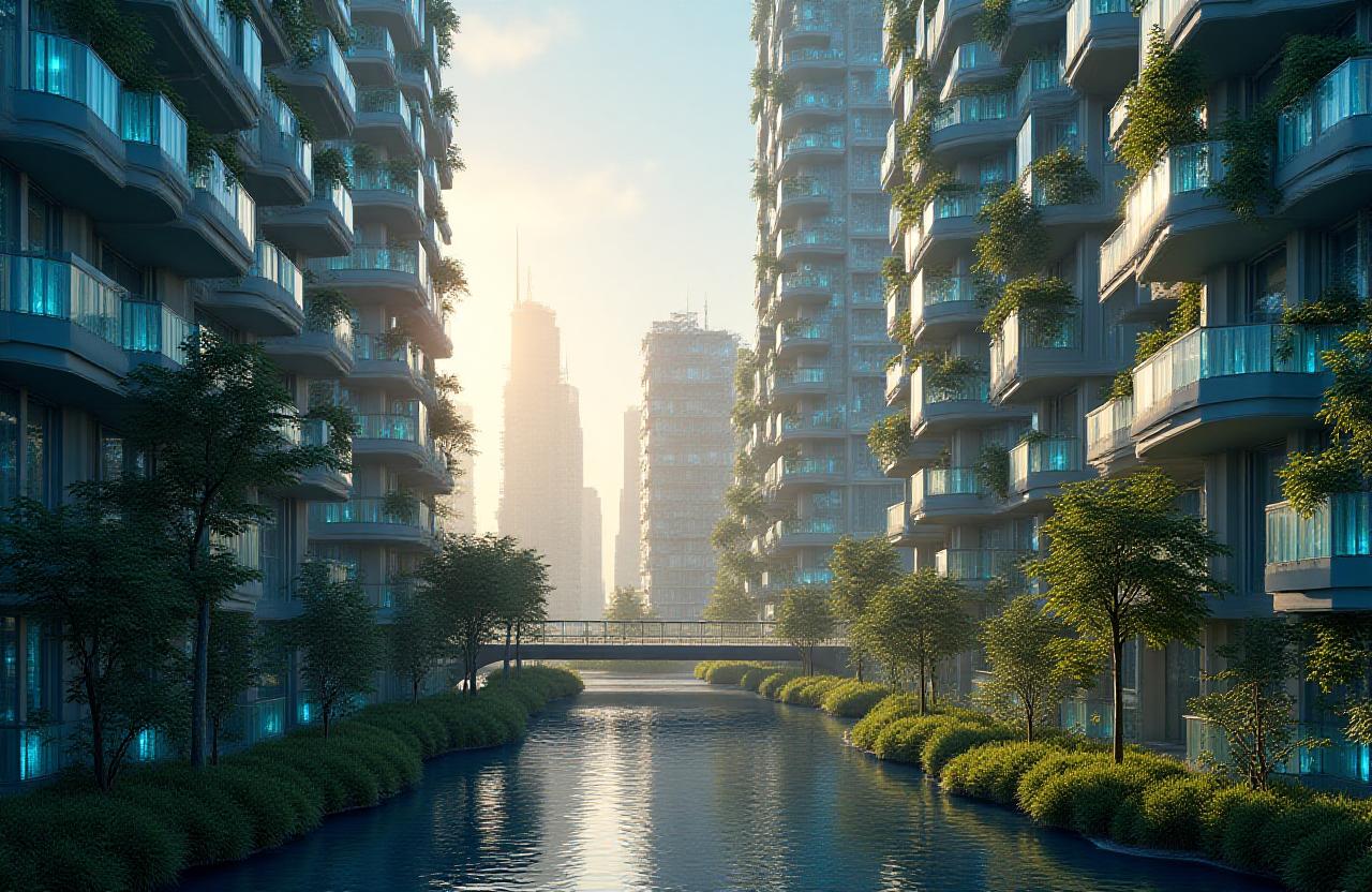 Futuristic sustainable city landscape with clean energy integration